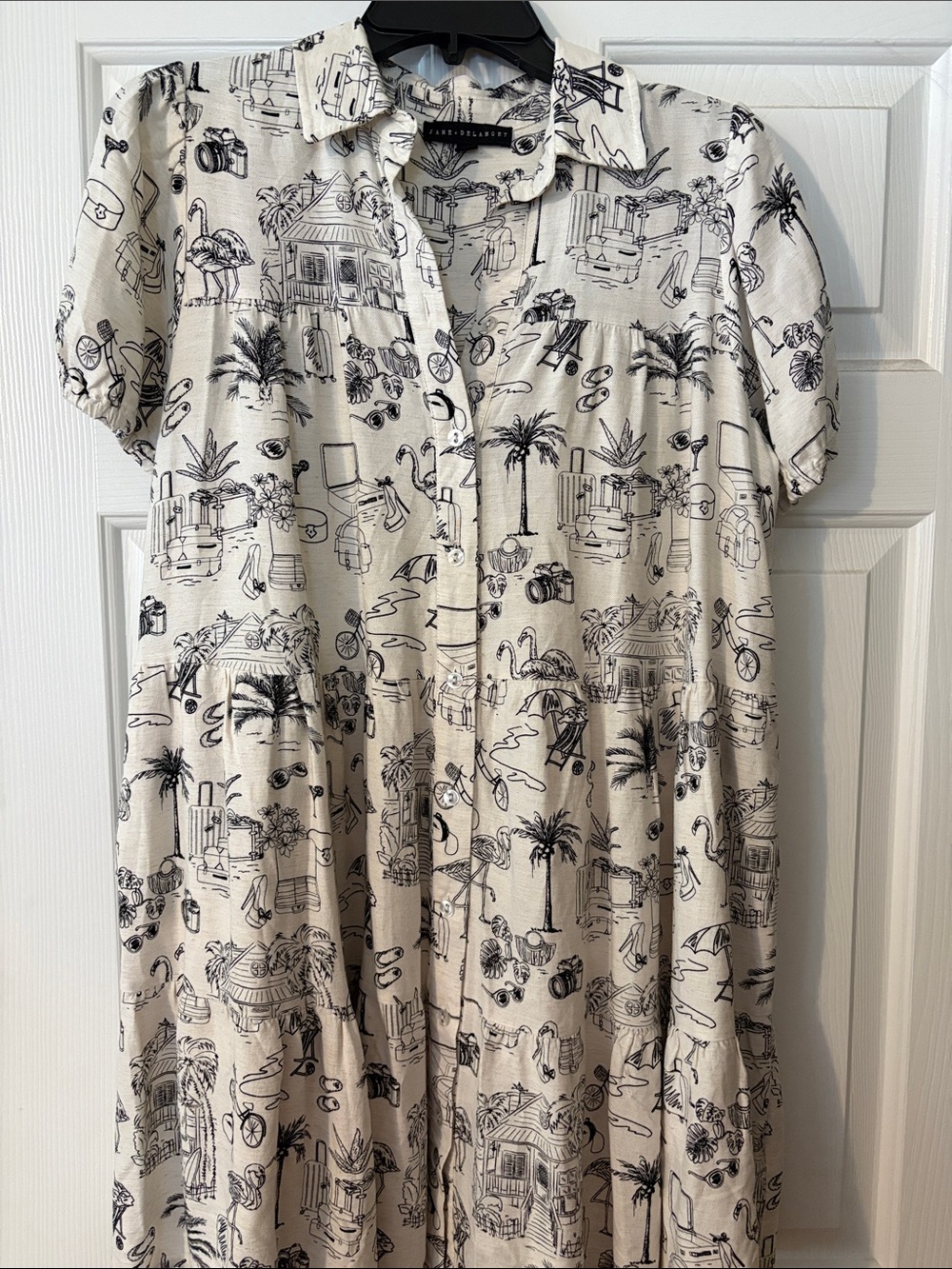 Lightweight White Button-Front Shirt Dress with Black Print